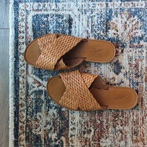 Criss-cross woven boho slide sandals in tan